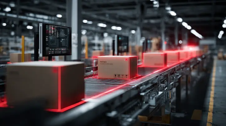 ERP barcode verification system scanning licensed toy packaging in factory